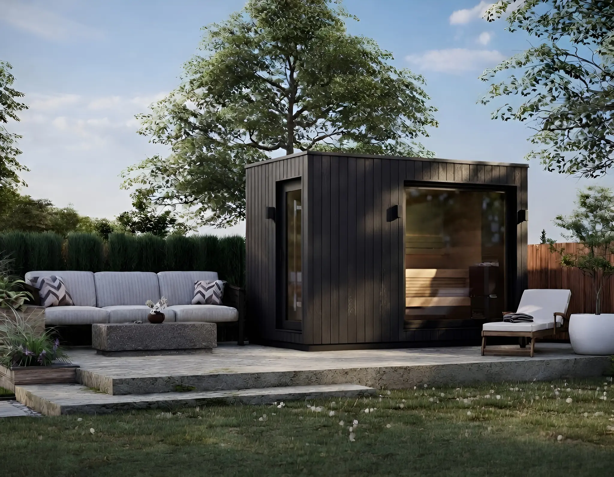 Red timber lakeside house with a pitched roof